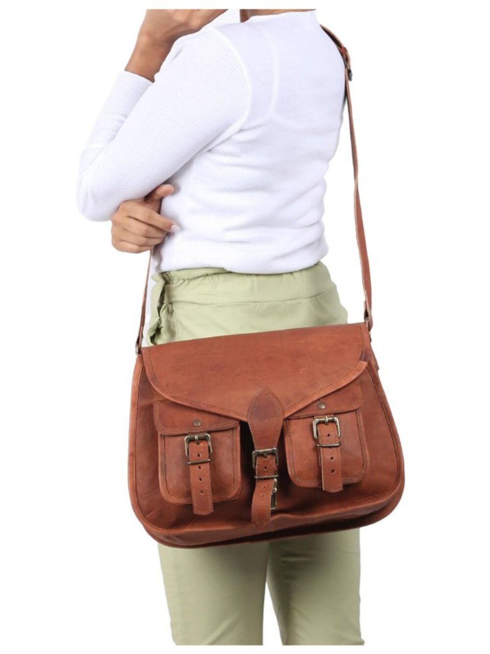 Komal's Passion Leather Crossbody Satchel Purse Brown Boho